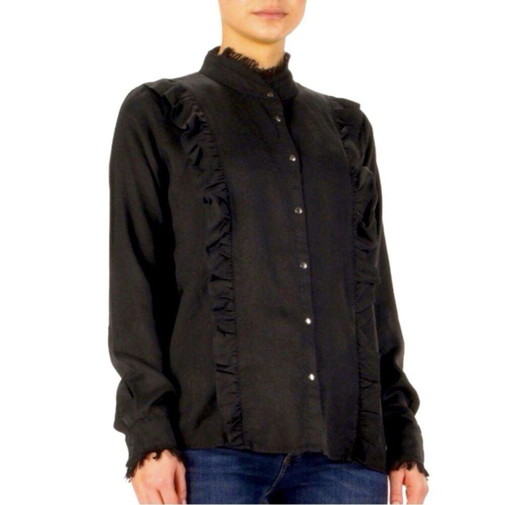 Elan Black Ruffled Button Up Mock Neck Fringe Blouse Size L Rayon Boho Western